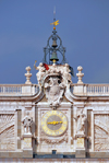 Spain / Espaa - Madrid: Royal Palace / Palacio Real - clock, bells and coat of arms - south faade - photo by M.Torres