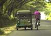 Kandy district, Central Province, Sri Lanka: auto rickshaw / tuk-tuk & hitcher on a bike, near Kandy - photo by B.Cain