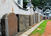 Galle, Southern Province, Sri Lanka: aligned tomb stones - garden of the Groote Kerk / Dutch Reformed Church - grafsteen - Old Town - UNESCO World Heritage Site - photo by M.Torres
