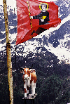 Switzerland - Uri Canton - hight of the St. Gotthard-Pass: shows the flags of all swiss cantons - on the image the flag of the Canton of Glarus with Holy Fridolin on it (photo by W.Schmidt)