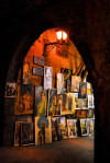 Damascus, Syria: arch and paintings - old town - Al-Masbagha AlKhadra'a - at night - photographer: M.Torres