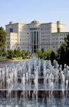 Dushanbe, Tajikistan: building of the National Library, fountains of Rudaki park in the foreground - photo by M.Torres