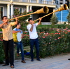 Dushanbe, Tajikistan: muscians outside the National Library, Dusti square - karnay long trumpet, the national instrument - photo by M.Torres