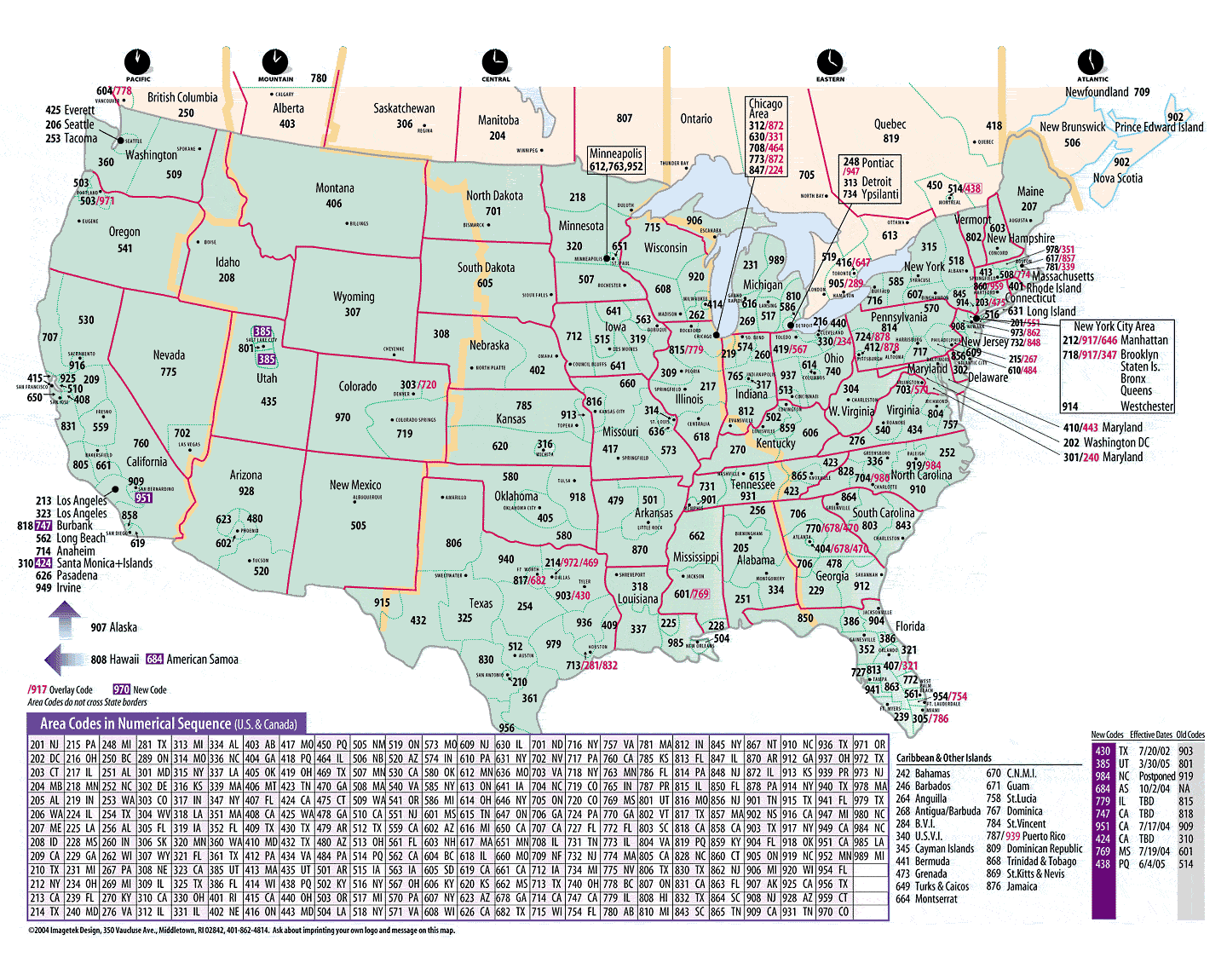 Map of  telephone area codes - US and Canada - with time zones - North America dialling codes