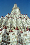 Bangkok / Krung Thep, Thailand: Wat Arun, Temple of Dawn - central prang (Khmer-style tower), encrusted with colourful porcelain - photo by J.Kaman