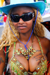 Port of Spain, Trinidad and Tobago: girl with tattoos on the breasts and wearing a blue hat - carnival - photo by E.Petitalot