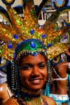 Port of Spain, Trinidad and Tobago: girl with elaborate head gear for carnival - blue gems - photo by E.Petitalot
