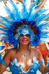Port of Spain, Trinidad and Tobago: a woman with blue feather crown and generous cleavage - Carnaval international de Trinidad - photo by E.Petitalot