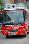 Yusufeli / Perterek, Artvin Province, Black Sea region, Turkey: campaing bus of the Democratic Party - Demokrat Parti - conservative ideology - photo by W.Allgwer