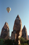 Turkey - Cappadocia: hills and balloon - cones - photo by J.Kaman