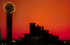 Dallas, Texas, USA: Reunion Tower - Hyatt Regency Hotel - skyline at sunset - geodesic dome formed with aluminum struts - Welton Becket and Associates architects - photo by C.Lovell