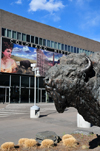 Denver, Colorado, USA: Colorado History Museum - Baby Doe Tabor mural and bronze buffalo, sculpture 'On the wind', by T.D. Kelsey - Broadway, Civic Center - photo by M.Torres