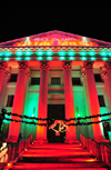 Denver, Colorado, USA: Denver City and County Building - Christmas lights, 'peace on Earth' - temple front with a monumental staircase, large pediment and Corinthian columns - photo by M.Torres