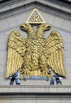 Denver, Colorado, USA: Scottish Rite Masonic Center - Sumerian Double Headed Eagle of Lagash with sword - emblem of the 32nd Degree in the tympanum - photo by M.Torres