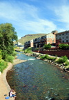 Golden, Jefferson County, Colorado, USA: Clear Creek - Vanover Park - Coors Brewery in the distance - photo by M.Torres