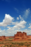 Arches National Park, Utah, USA: Courthouse Towers - the Organ and Sheep Rock - vertical slabs are the first step in arch formation - photo by M.Torres