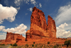 Arches National Park, Utah, USA: Courthouse Towers - the Organ and the Tower of Babel - colossal  sandstone fins - Arches Entrance Road - narrow sandstone fins towering above the surrounding flatlands - photo by M.Torres