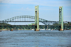 Portsmouth, New Hampshire, USA: Piscataqua River - bridges connecting Portsmouth with Kittery, Maine - foreground Sarah Mildred Long Bridge, double deck truss bridge lift bridge on the US 1 Bypass - background Piscataqua River Bridge, cantilevered through arch bridge on Interstate 95 - New England - photo by M.Torres