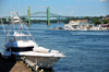 Portsmouth, New Hampshire, USA: view of the Piscataqua River from the Memorial Bridge - yacht,  Sarah Mildred Long Bridge and Piscataqua River Bridge - Badger island on the left - New England - photo by M.Torres