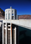 Hoover Dam, Clark County, Nevada, USA: water intake towers in the Black Canyon of the Colorado River - clock with Nevada time - Boulder City - photo by M.Torres