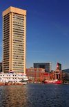 Baltimore, Maryland, USA: Baltimore World Trade Center tower and the old Power Station - lightship Chesapeake and American Star river cruise ship - photo by M.Torres