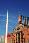 Baltimore, Maryland, USA: old Power plant and cables in a fan arraingement of the suspension bridge over Dugan's Wharf - Hard Rock Cafe - photo by M.Torres