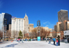 Oklahoma City, OK, USA: Myriad Botanical Gardens - ice skating at Devon Ice Rink - Chase Tower, First National Center and Colcord hotel in the background - photo by M.Torres
