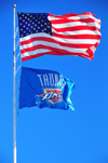 Oklahoma City, OK, USA: Bricktown - US flag and the flag of the Oklahoma City Thunder basketball team, Northwest Division of the Western Conference in the National Basketball Association (NBA) - photo by M.Torres