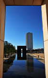 Oklahoma City, OK, USA: Oklahoma City National Memorial - reflecting pool and both gates - honours the victims of the 1995 Oklahoma City bombing that destroyed the Alfred P. Murrah Federal Building - Timothy McVeigh was executed for the crime - Regency Tower in the background - photo by M.Torres