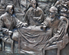 Jeffersonville, Clark County, Indiana, USA: detail of the a bas-relief sculpture, titled The Timeline of Liberty, by sculptor Lorenzo Ghiglieri at Warder Park - preparing the constitution - photo by M.Torres