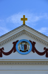 Scarborough Hills, Narragansett, RI, USA: Catholic church of St Mary Star of the Sea - gable detail - tympanum - coat of arms of Bishop Francis P. Keough, bishop of Providence when the church was built - Point Judith Road - photo by M.Torres