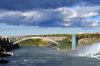 Niagara Falls, New York, USA: Prospect Point Park tower and Rainbow Bridge over the Niagara River - steel arch bridge - architect Richard Lee - photo by M.Torres