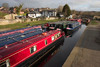 Llangollen, Denbighshire / Sir Ddinbych, Wales, UK: quiet day - off duty canal longboats lined up - photo by I.Middleton