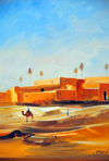 Layoune / El Aaiun, Saguia el-Hamra, Western Sahara: camel and desert village - painting by El Hassani - photo by M.Torres
