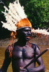 West Papua / Irian Jaya - Owus village: Asmat warrior - plumed man - feathered bonnet - photo by G.Frysinger